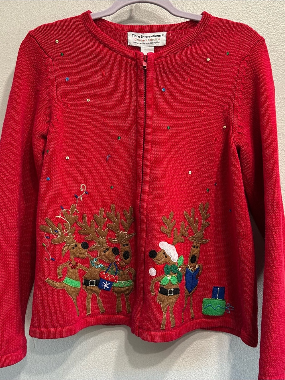 VTG tiara international red full zip cardigan sweater,reindeer,Christmas,holiday